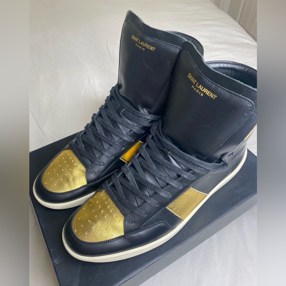 Saint Laurent SL 10h Black Gold High Top Trainer Sneaker Court EU 46 US 13 - Picture 7 of 16